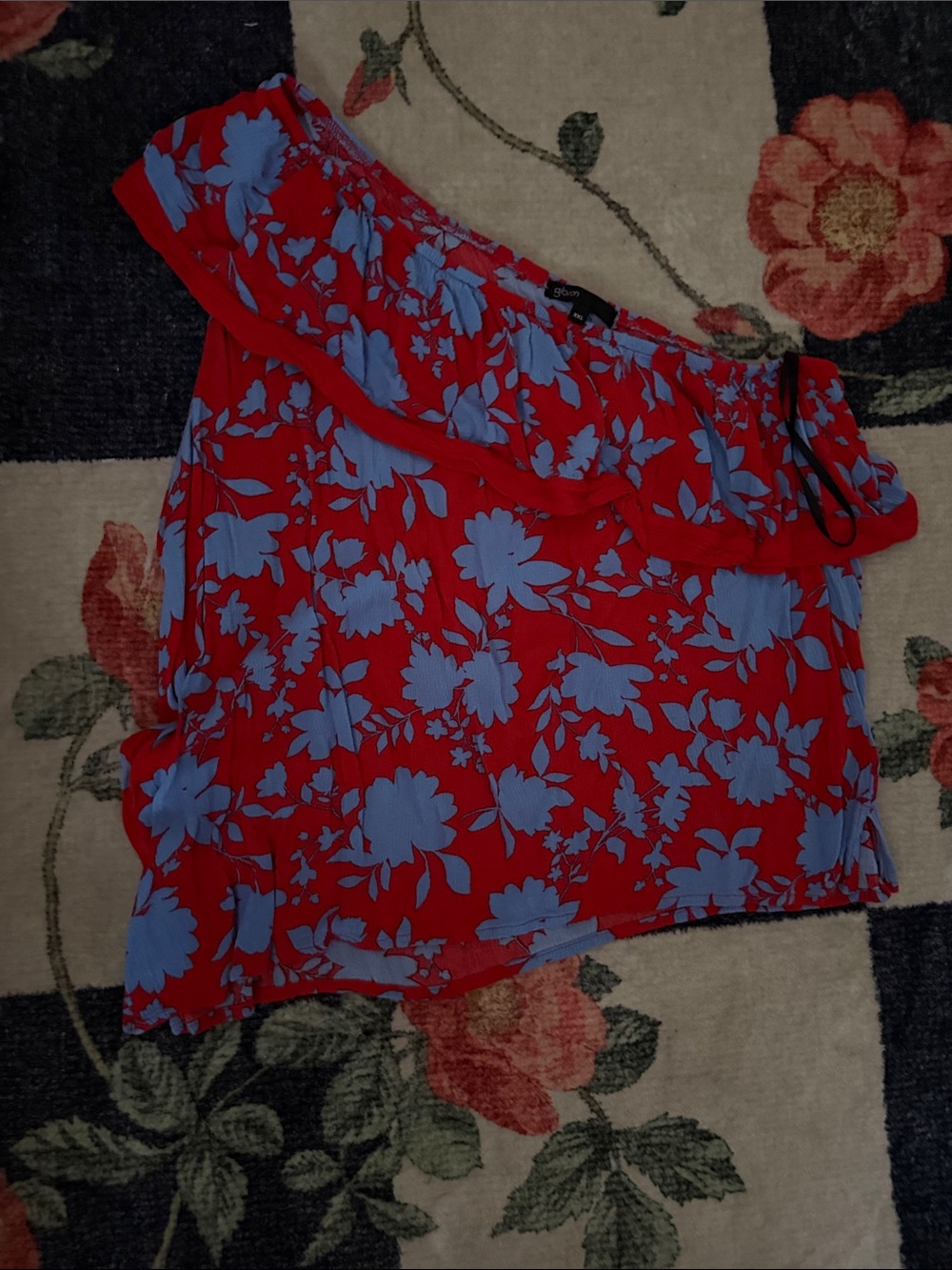 One-Shoulder Red Floral Ruffle Top - Blue Floral Print